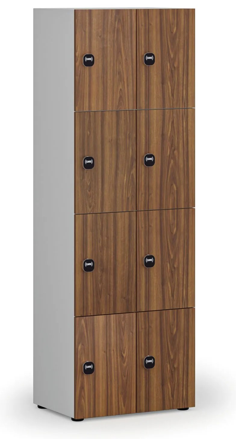 Drevená šatníková skrinka S4 s úložnými boxmi, 8 boxov, demont, RFID zámok, sivá/orech