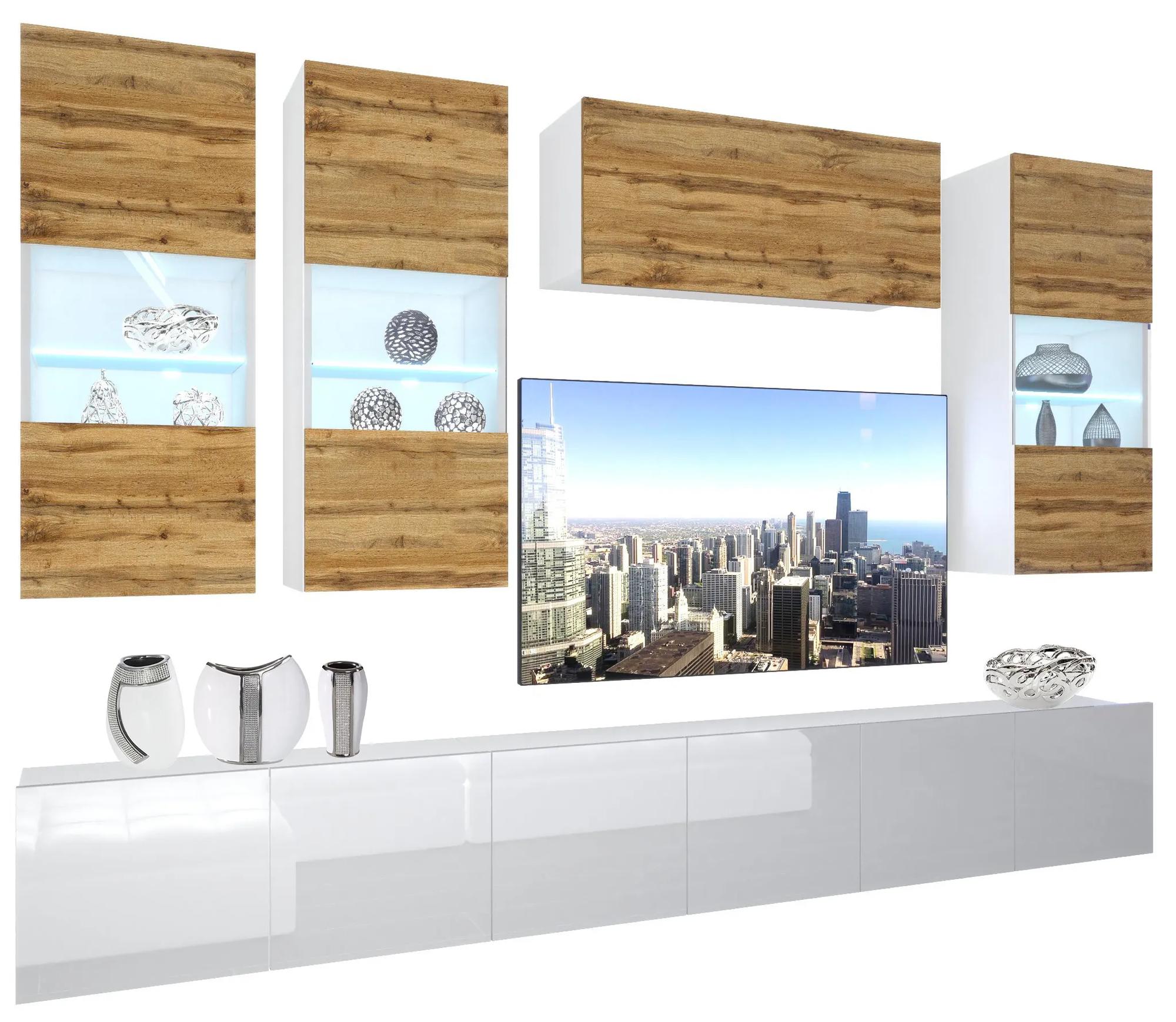 Obývacia stena Belini Premium Full Version dub wotan / biely lesk + LED osvetlenie Nexum 78