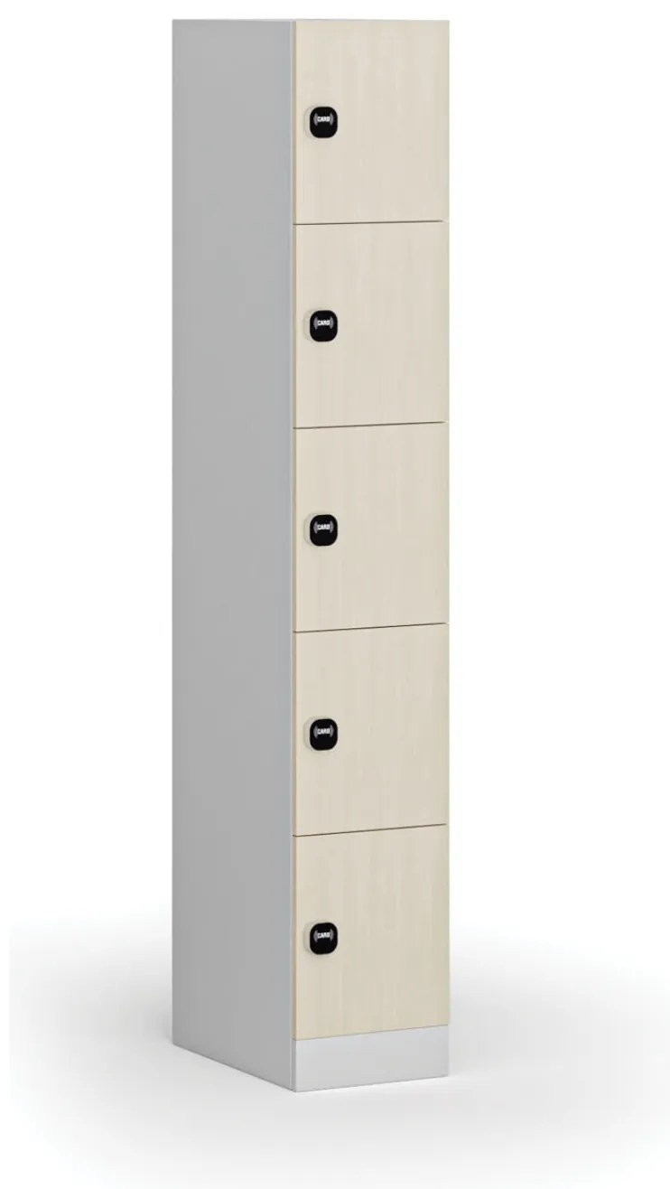 Šatníková skrinka s úložnými boxmi, 5 boxov, 1850 x 300 x 500 mm, demont, zámok s čítačkou RFID kariet, laminované dvere, breza