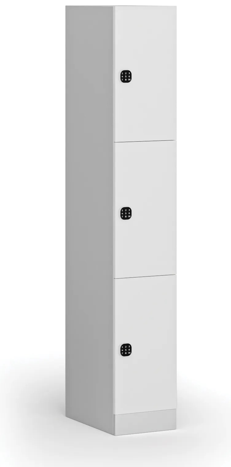 Šatníková skrinka S1 s úložnými boxmi, 3 boxy, 1850 x 300 x 500 mm, demont, kódový zámok, laminované dvere, biela