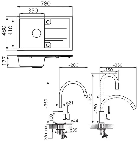 Ferro Drezy - sada granitový drez + flexi batéria Ferro Zumba BZA4B, 1-komorový 780x480 mm, šedá, DRGM48/78GA-SET1-PL