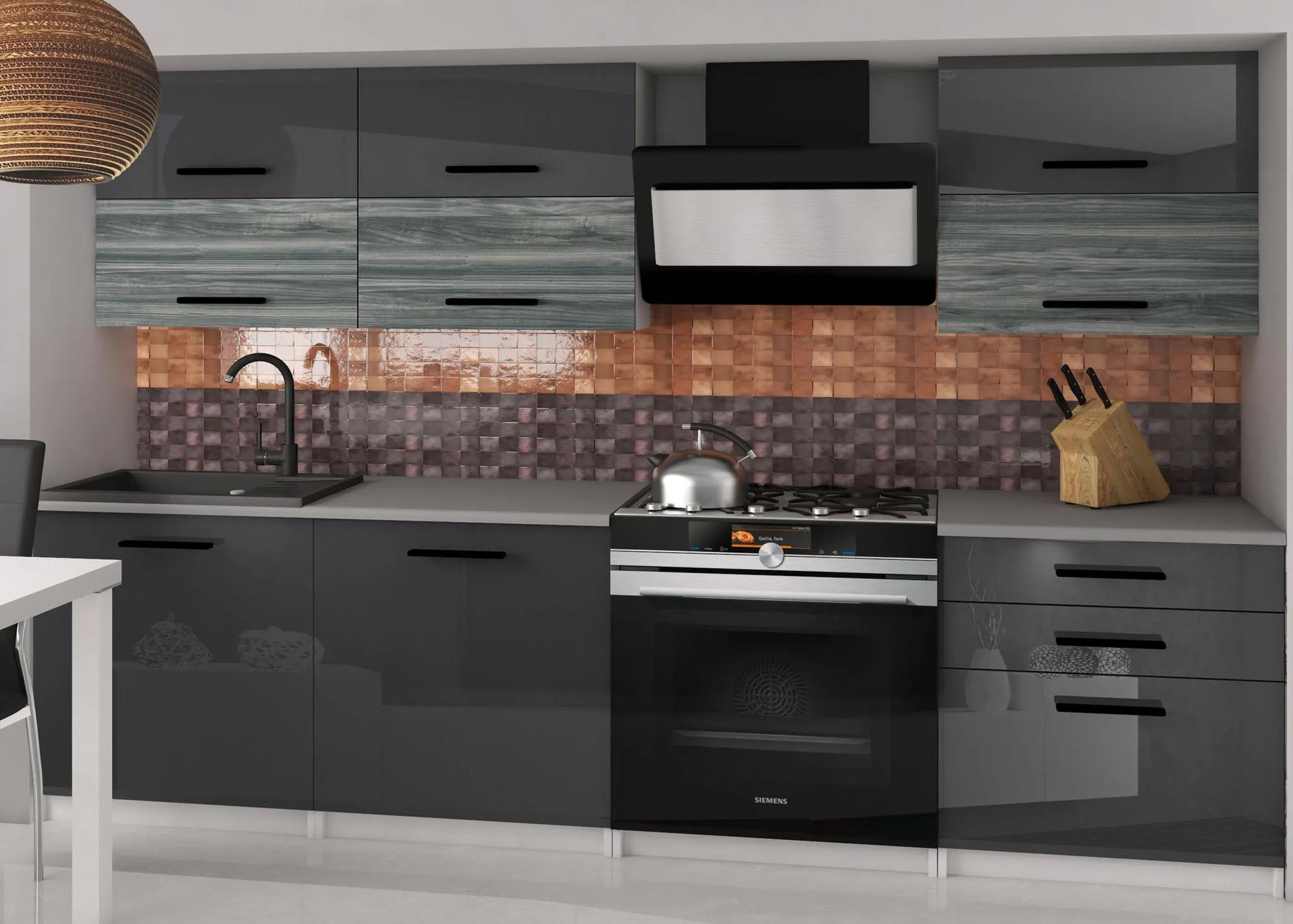 Kuchynská linka Belini 180 cm šedý lesk /šedý antracit Glamour Wood s pracovnou doskou Primera2 INF PRIMERA2/2/WT/SGW1S/0/B1
