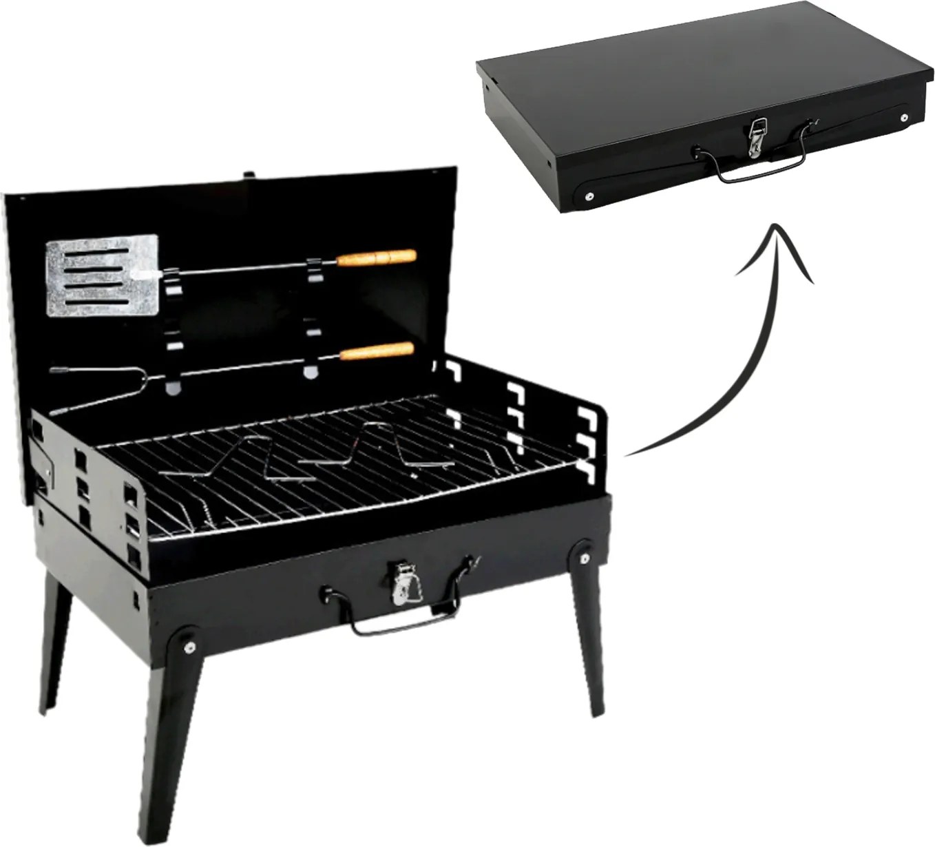 BBQ Meeting SKLADACÍ TURISTICKÝ GRILOVACÍ KUFR S VIDLIČKAMI A ŠPATULOU 43 x 26,5 x 46,5 CM *4841