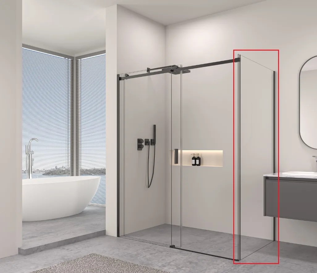 Erga Lynn, pevná stena pre sprchový kút 100x195 cm, 8mm číre sklo, čierny profil, ERG-V02-LYNN-G100-CL-BK