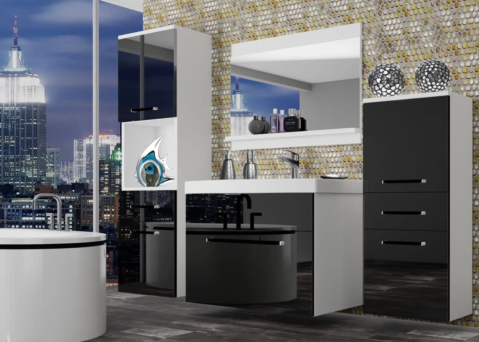 Kúpeľňový nábytok Belini čierny lesk + umývadlo + zrkadlo ROD P 5/0/W/B/0/ZW