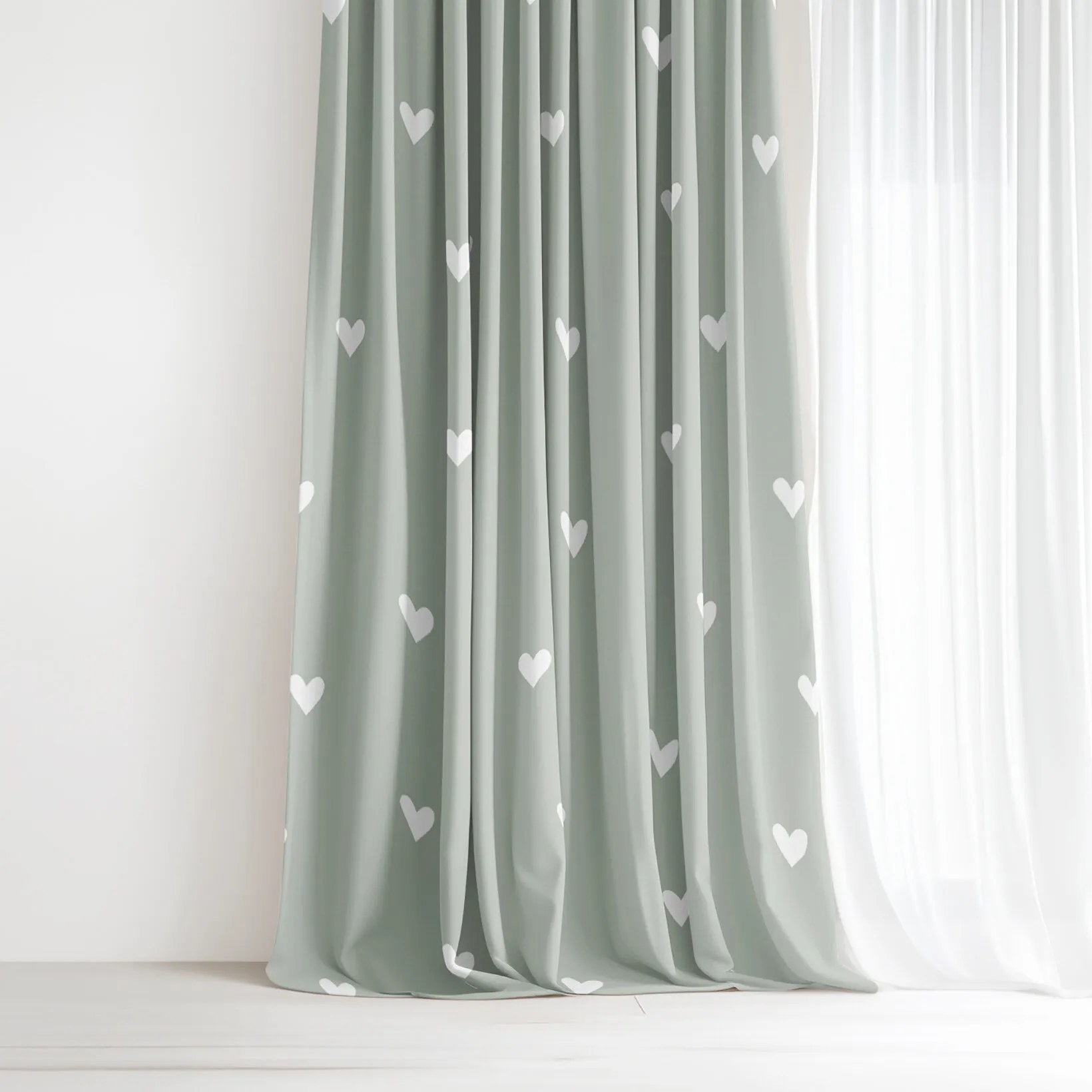 Goldea bavlnený záves - srdiečka na šalviovo zelenom 160x150 cm