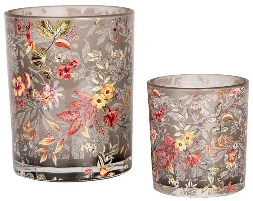 2ks šedý sklenený svietnik s kvetmi - Ø 7*8 / 10*13 cm