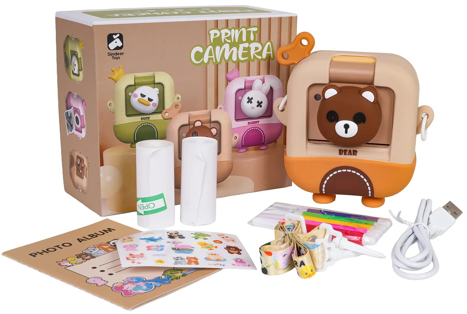 Detský fotoaparát s tlačiarňou – Medveď alebo Kačka + fixky a nálepky Tvar: Medvedík