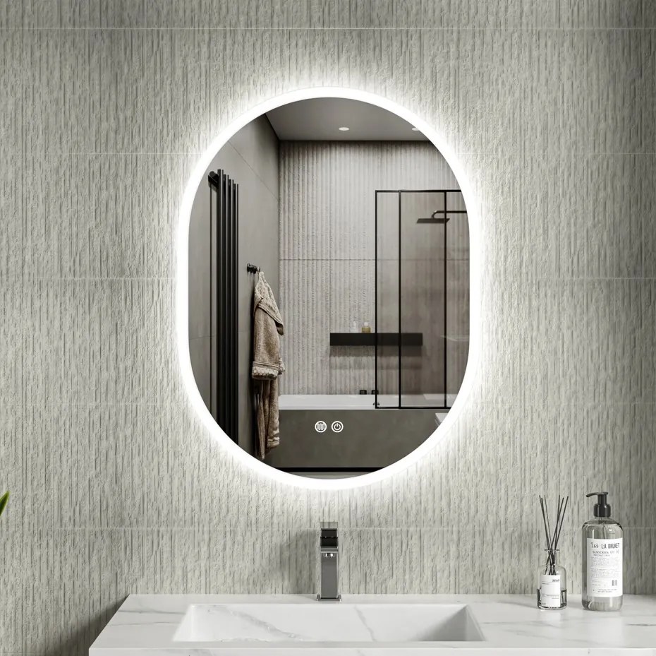 Erga Demi, oválne LED zrkadlo 60x80cm, 3 farby svetla, predné osvetlenie, vyhrievacia podložka proti zapareniu, ERG-V01-DEMI-6080-CL