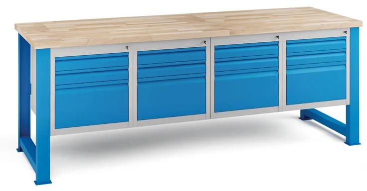 Dielenský stôl KOVONA, 12 zásuviek na náradie, buková škárovka, pevné nohy, 2100 mm