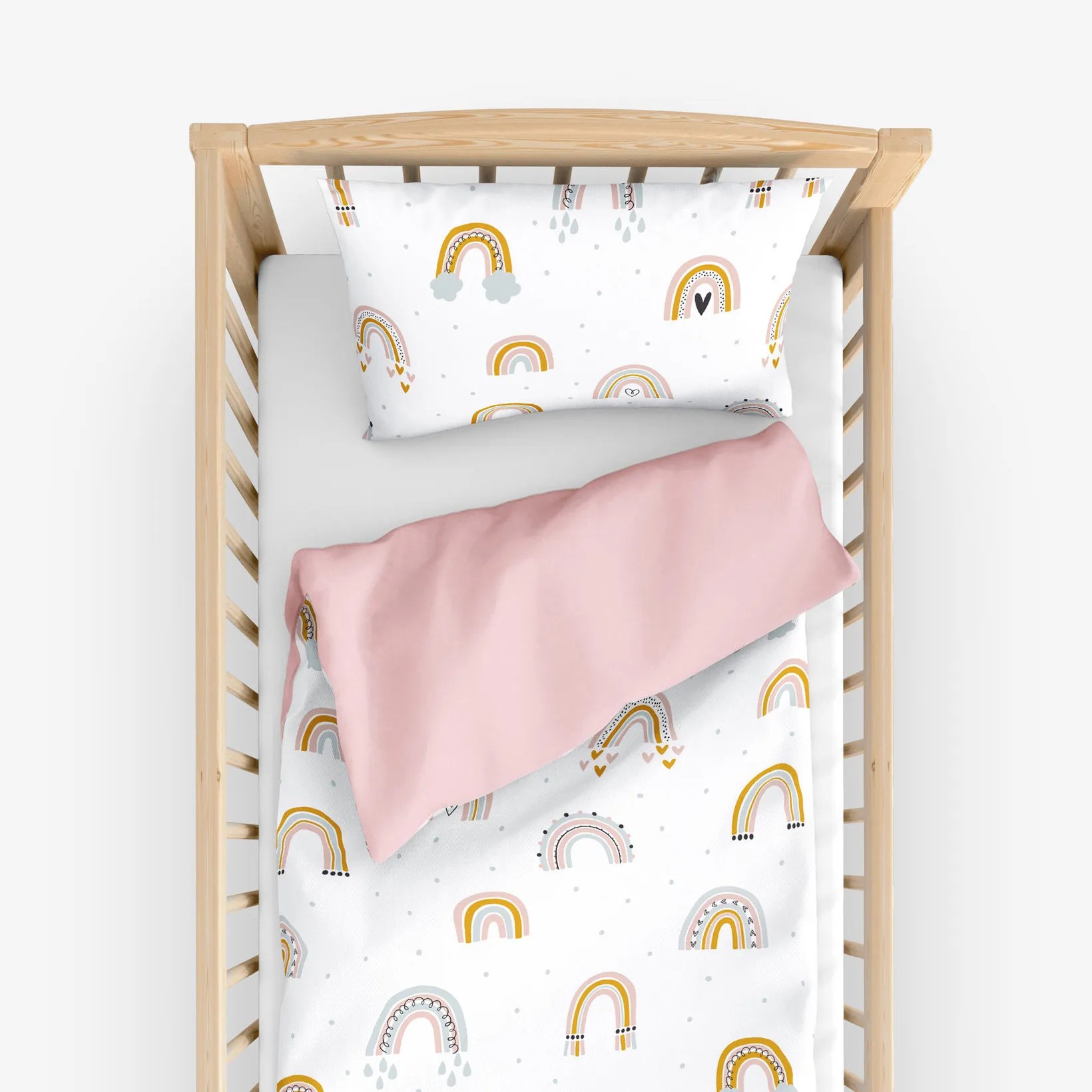Goldea detské bavlnené obliečky do postieľky duo - maľované dúhy s púdrovo ružovou 90 x 120 a 40 x 60 cm
