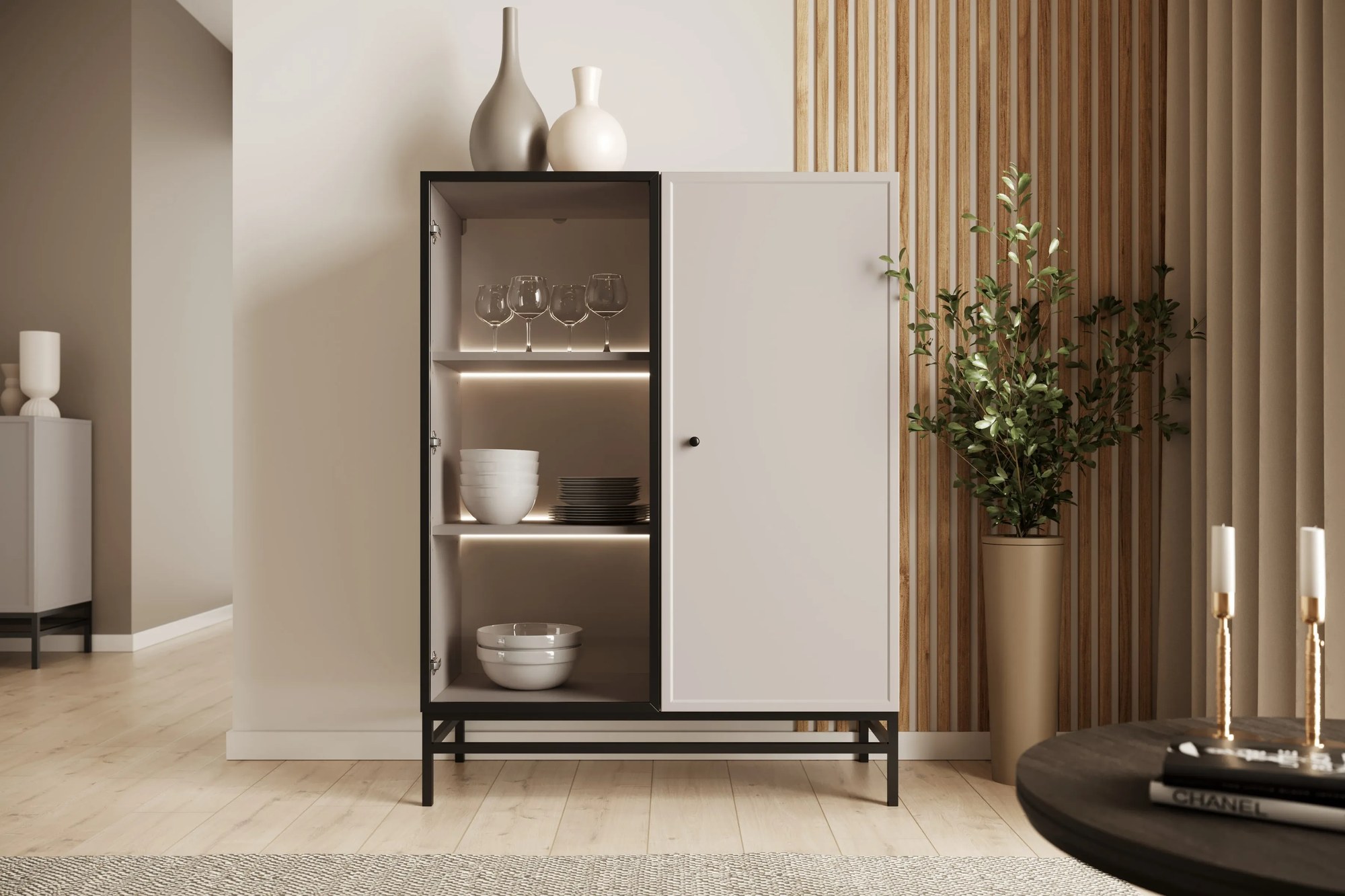 Vitrína Lorini 100 cm na stojane - kašmírová / čierna úchytka G