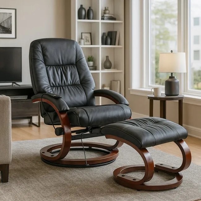 Otočné masážne kreslo s vyhrievaním a podnožkou Vermont čierna ekokoža