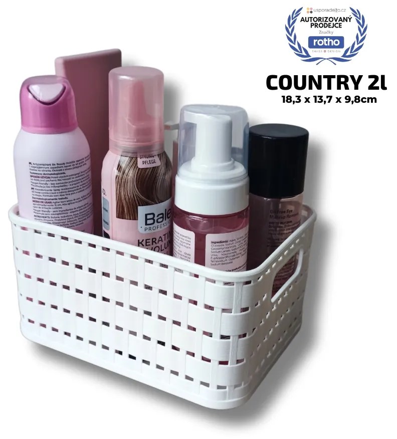 Plastový košík COUNTRY, rovný, biely (2 l – 18 x 14 x 10)