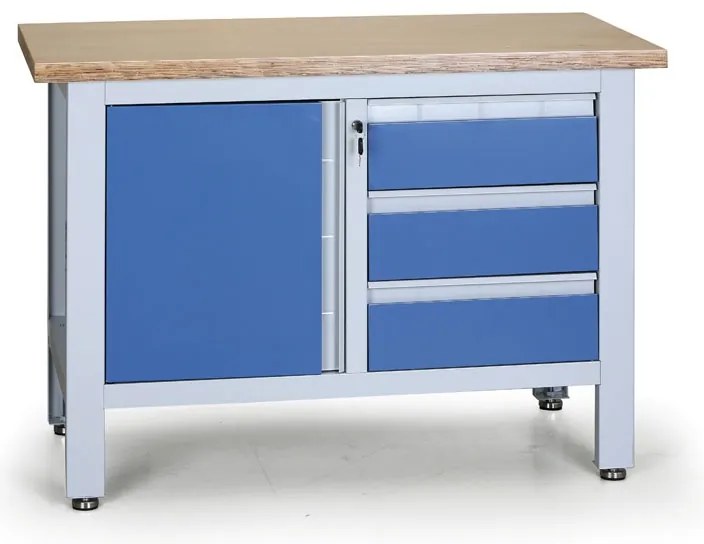 Pracovný stôl do dielne EXPERT, 3 zásuvky, 1 skrinka, 1200 x 600 x 860 - 900 mm, modrá