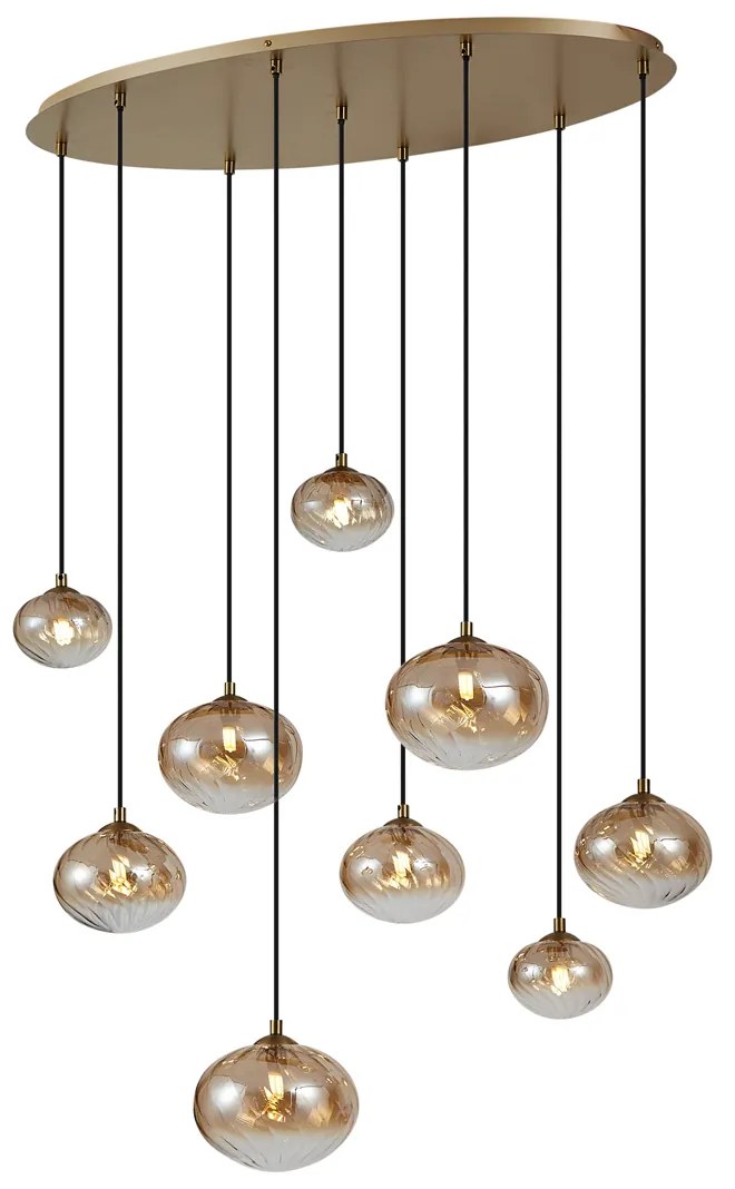 Závesná lampa Art Deco zlatá s jantárovým sklom 9-Lights - Jia