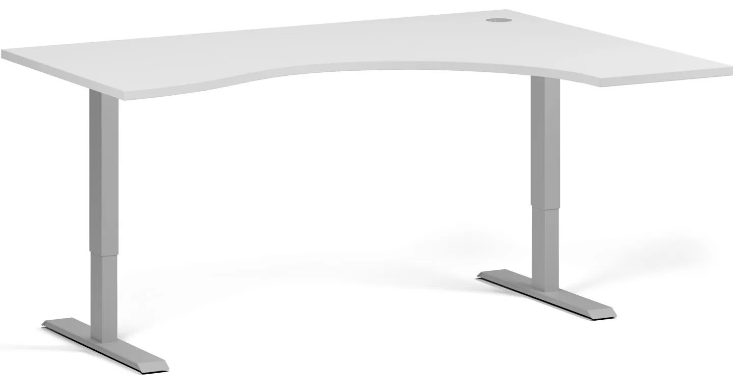 Ergonomický výškovo nastaviteľný stôl, 160x120 cm, 1 motor, L/P, sivá podnož, biela