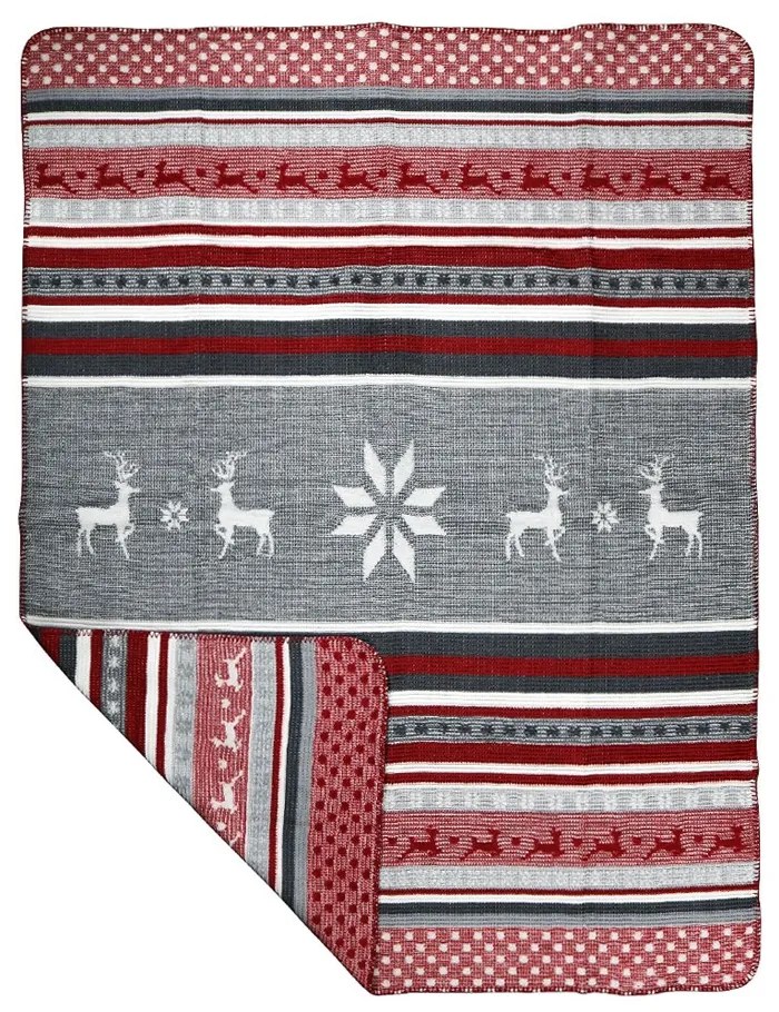 Šedo červeno biela deka s jeleňom - ​​130 * 180 * 3cm