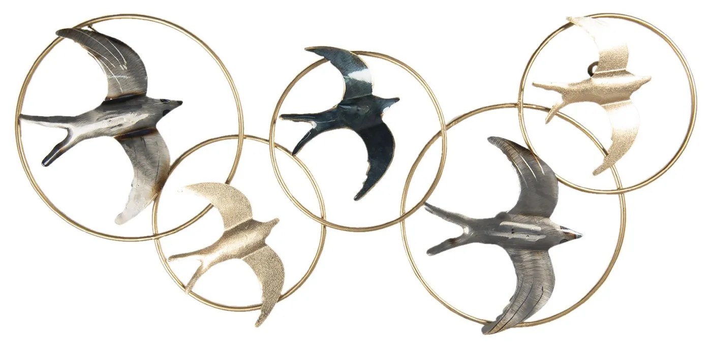 Kovová nástenná dekorácia s vtákmi v zlatých kruhoch - 84 * 3 * 42 cm