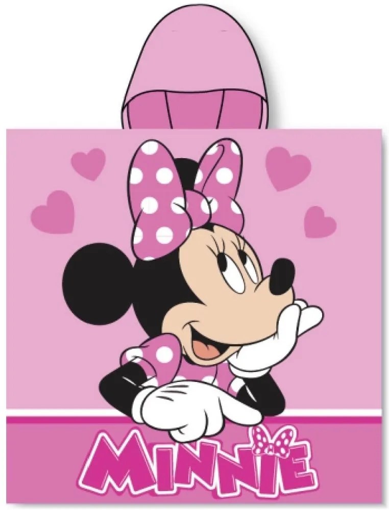 Dievčenské plážové pončo - osuška s kapucňou Minnie Mouse so srdiečkami - 100% bavlnené froté s gramážou 320 g/m² - 55 × 110 cm