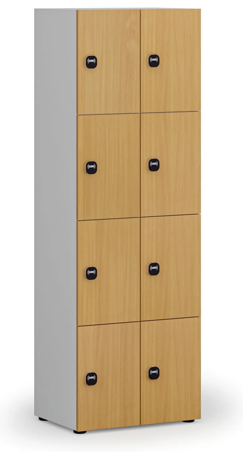Drevená šatníková skrinka s úložnými boxmi, 8 boxov, RFID zámok, sivá/buk
