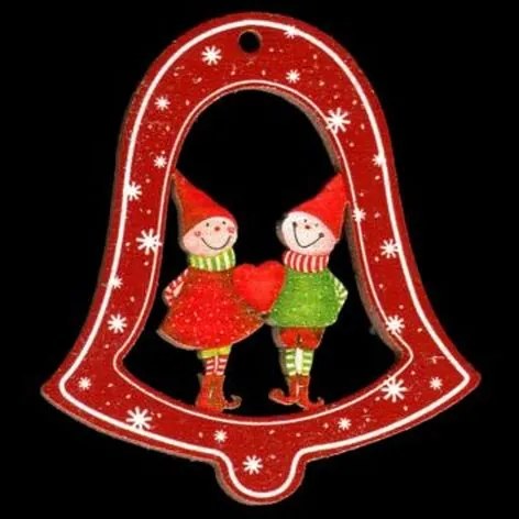 AMADEA Drevená ozdoba farebná zvonček so škriatkami 6 cm