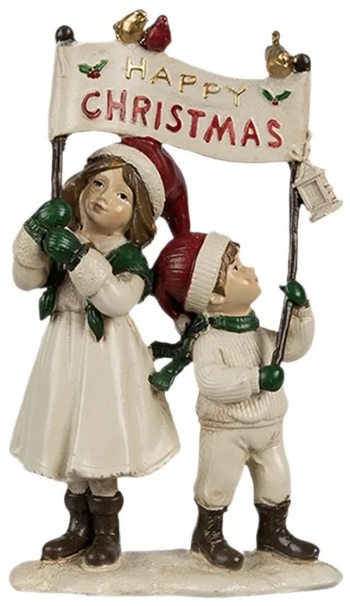 Béžová vianočná dekorácia deti s nápisom Happy Christmas - 14*7*23 cm