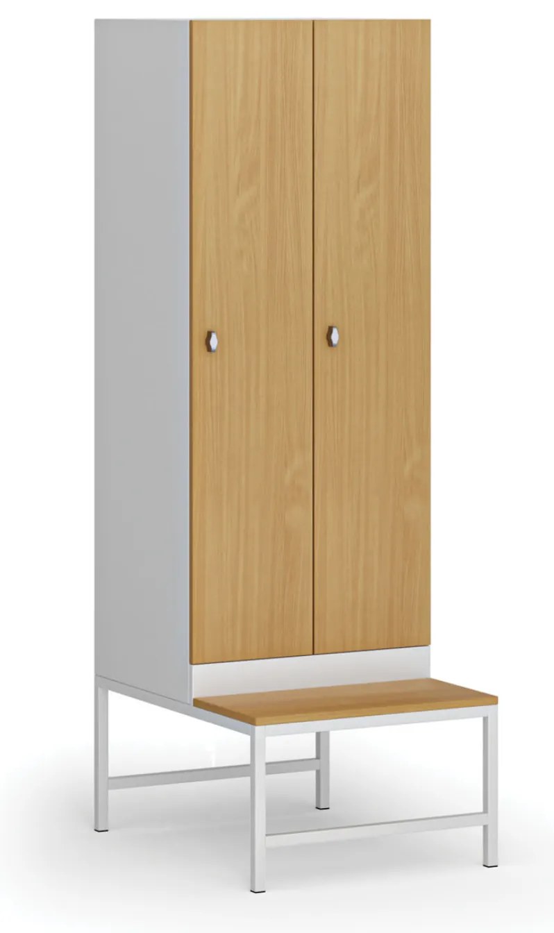 Šatníková skrinka s lavičkou, 2 oddiely, 1875 x 600 x 500/800 mm, demont, otočný zámok, laminované dvere, buk