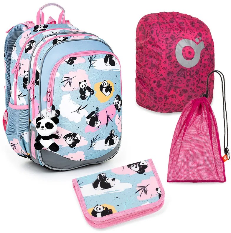 Veľký školský set Topgal ELLY 22004 G - školská taška + peračník + vrecko na prezuvky + pláštenka na batoh