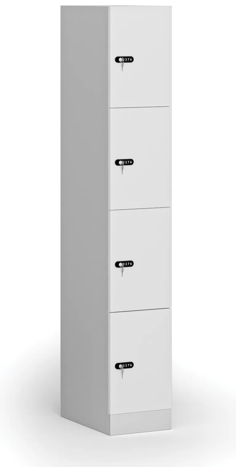 Šatníková skrinka S1 s úložnými boxmi, 4 boxy, 1850 x 300 x 500 mm, demont, mechanický kódový zámok, laminované dvere, biela