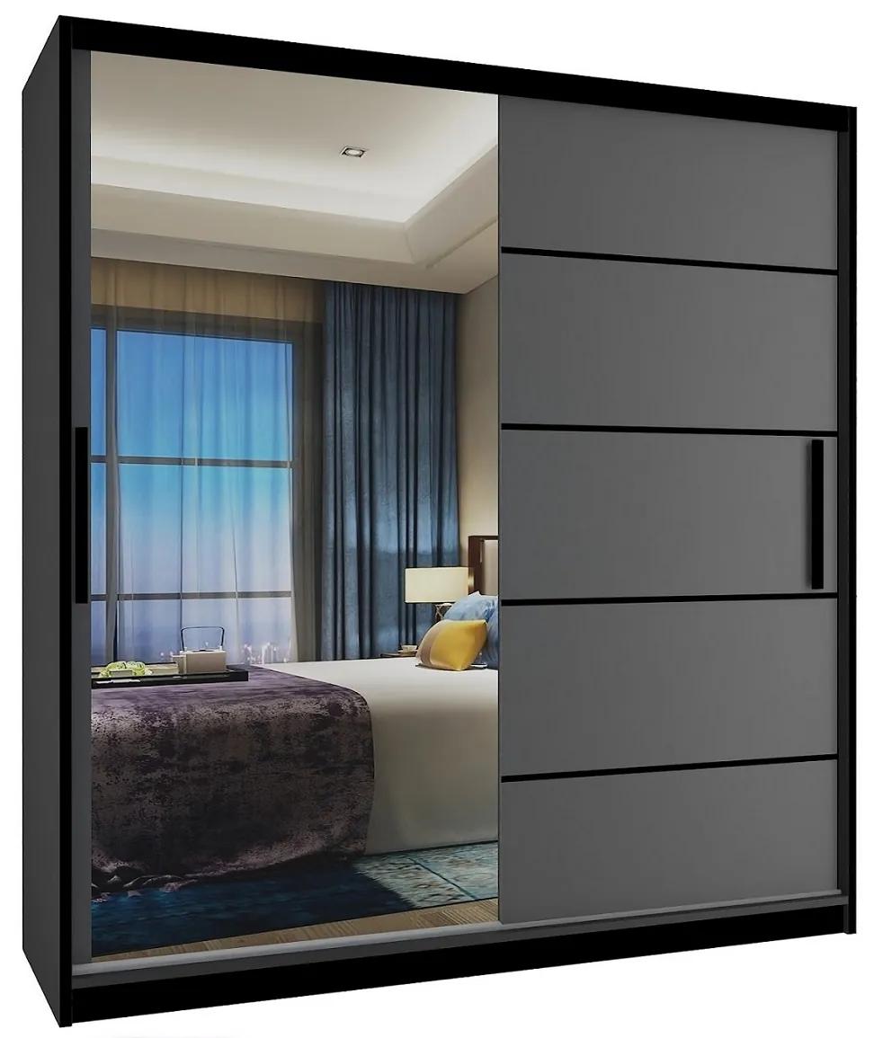 Šatníková skriňa 158 cm Belini čierny mat / šedý mat s posuvnými dverami a zrkadlom MZ SZP3/1/B/SR/0/BL