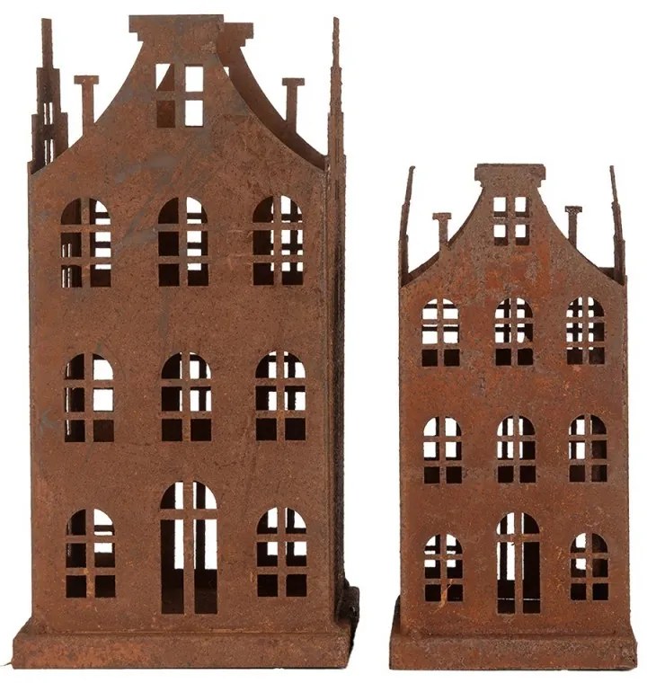 2ks hrdzavá dekorácia / svietnik domček Brocante rust - 14*14*27 / 11*11*23 cm