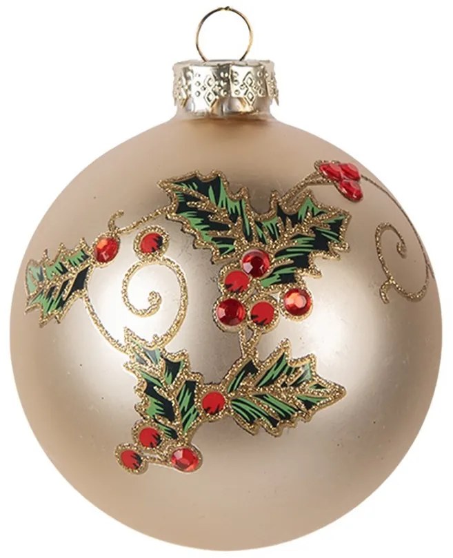 Zlatá sklenená vianočná ozdoba gule s cezmínou - Ø 8*8 cm