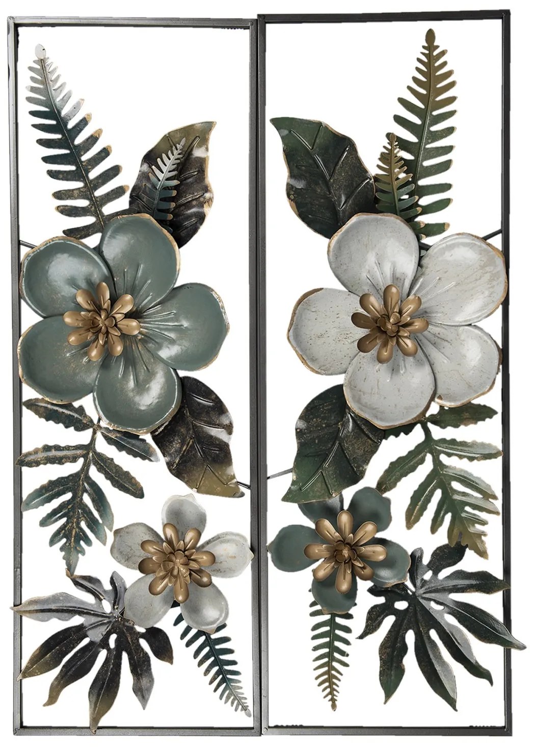 Béžovo-modrá kovová nástenná dekorácia na stenu s kvetmi Fivonne - 31*6*90 cm