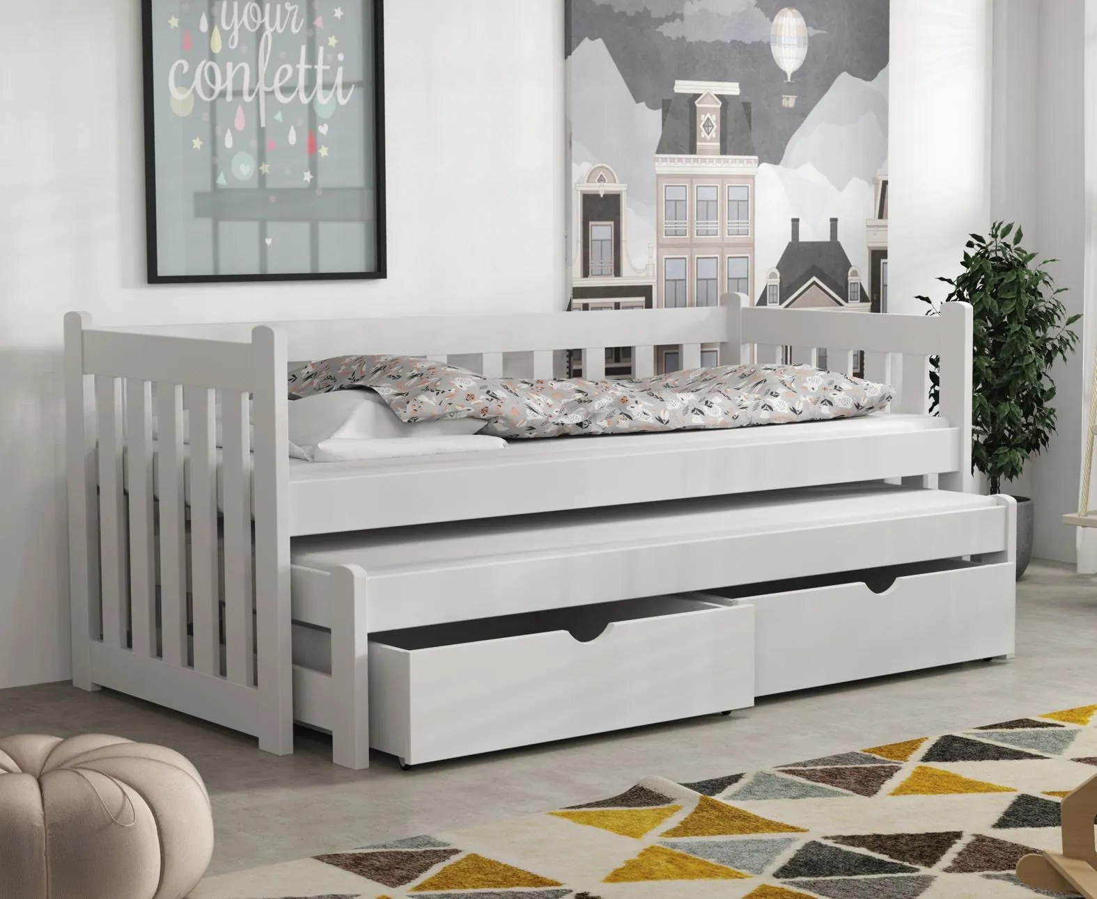 Detská posteľ z masívu borovice KRYŠPÍN s prístelkou a šuplíky - 200x90 cm - BIELA