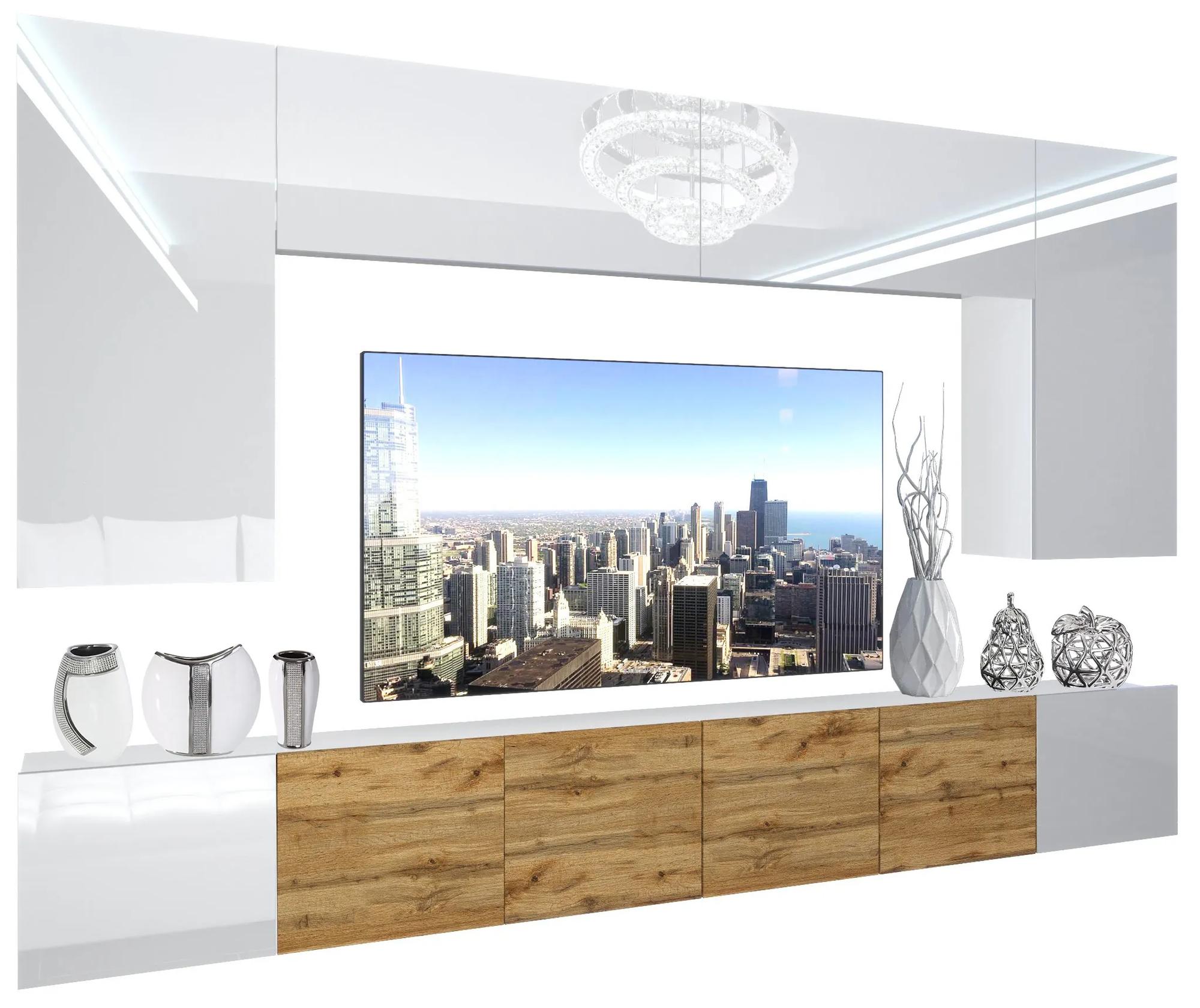 Obývacia stena Belini Premium Full Version biely lesk / dub wotan + LED osvetlenie Nexum 26