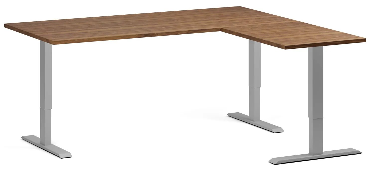 Výškovo nastaviteľný stôl, 180x160 cm, 3 motory, L/P, sivá podnož, orech