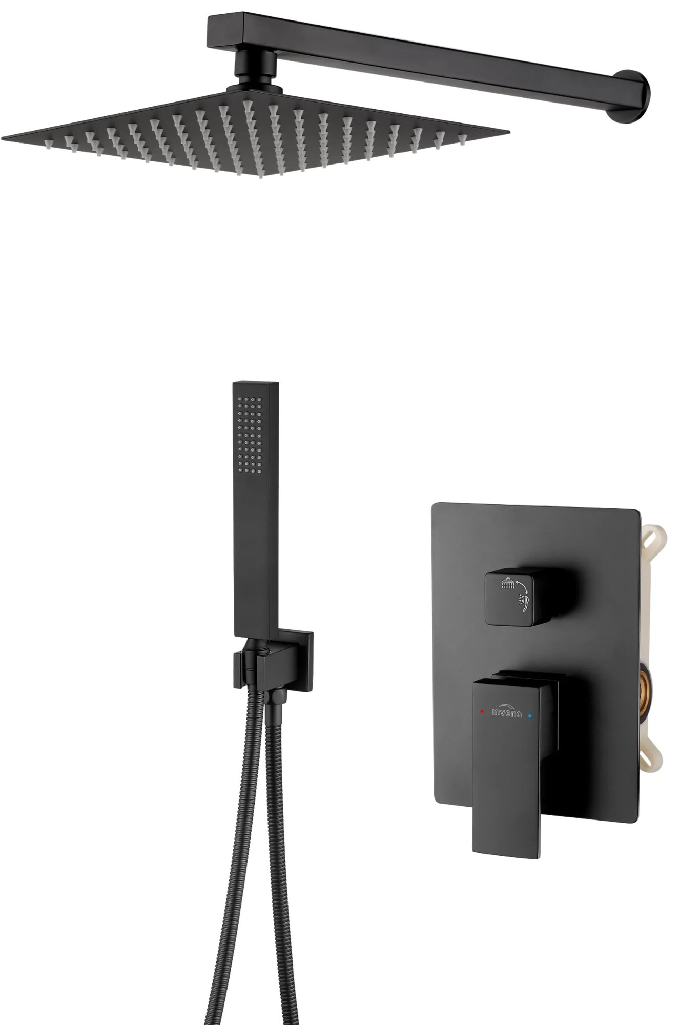 Invena Paros, podomietková sprchová súprava s hlavovou a ručnou sprchovou hlavicou, 2-funkčná páková batéria, čierna matná, INV-BS-09-004-L