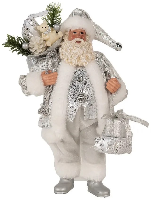 Dekorácia Santa v striebornom obleku s vrecom darčekov - 18*11*28 cm