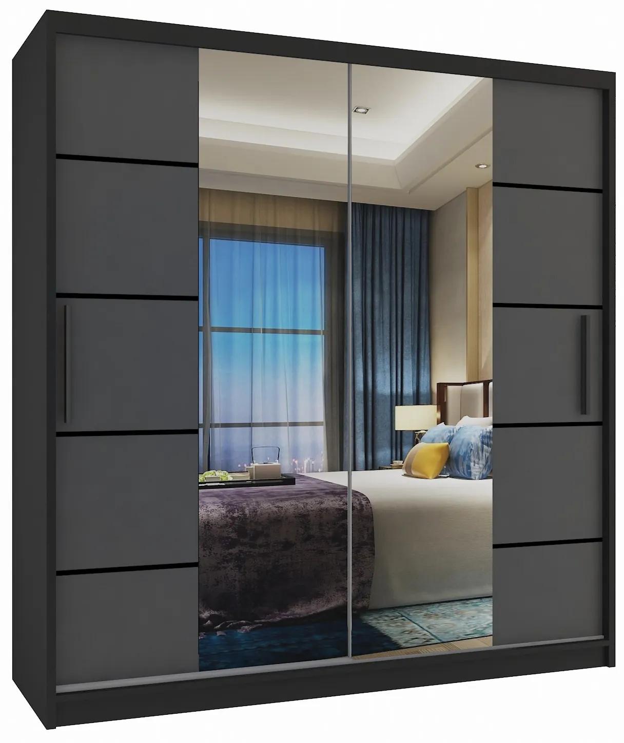 Šatníková skriňa 158 cm Belini čierny mat / šedý mat s posunými dverami zrkadlom a zásuvkami ME SZP7/0/B/SR/0/KLP