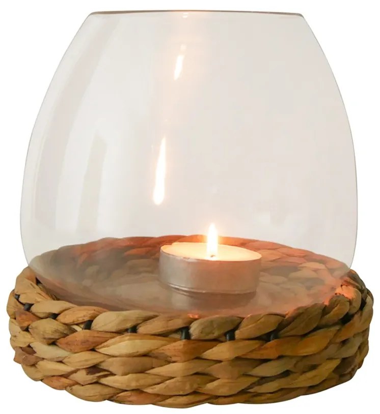 Sklenený svietnik / váza Avril s pleteným podnosom z vodného hyacintu - Ø 20 * 19cm