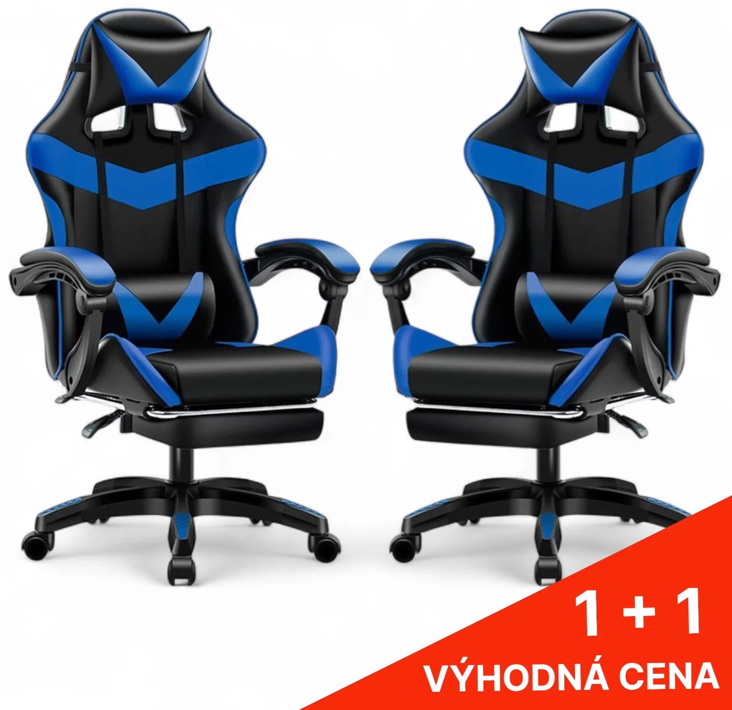 Kancelárska herná stolička s nastaviteľnou opierkou nôh - čierno - modrá 1 + 1