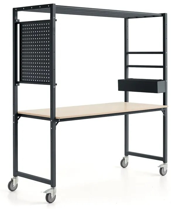 Mobilný multifunkčný stôl TEAMWORK, box na príslušenstvo, panel na náradie, antracit/breza