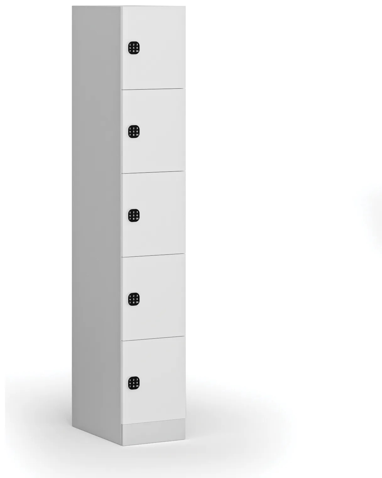 Šatníková skrinka s úložnými boxmi, 5 boxov, 1850 x 300 x 500 mm, kódový zámok, laminované dvere, biela