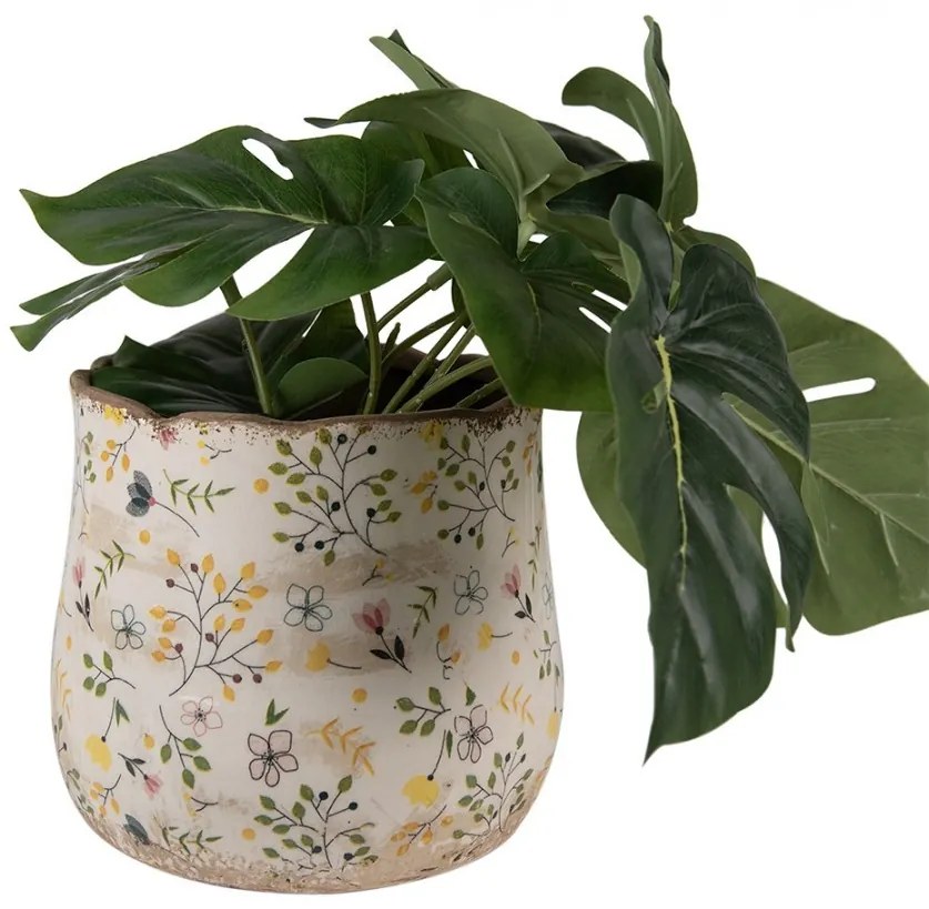 Béžový keramický obal na kvetináč so žltými kvietkami Ylla M - Ø 18*16 cm