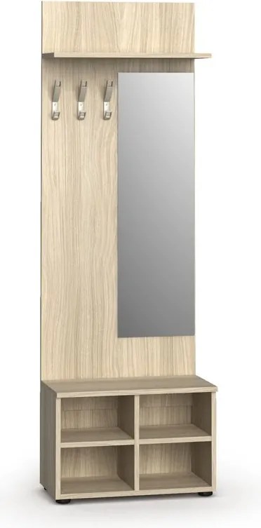 Vešiaková stena s botníkom a zrkadlom PRIMO WOOD, 3 háčiky, polica, roky zvisle, dub prírodný