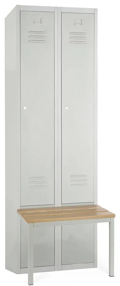 Kovová šatníková skrinka s lavičkou, 60 x 85 x 185 cm, sokel, cylindrický zámok, svetlo sivá - ral 7035