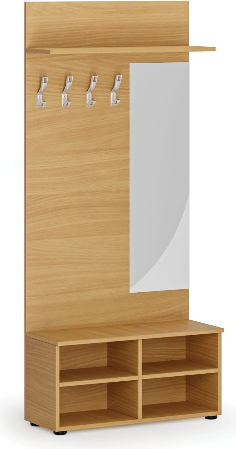 Vešiaková stena s botníkom a zrkadlom HORIZONT, 4 háčiky, polica, roky vodorovne, buk