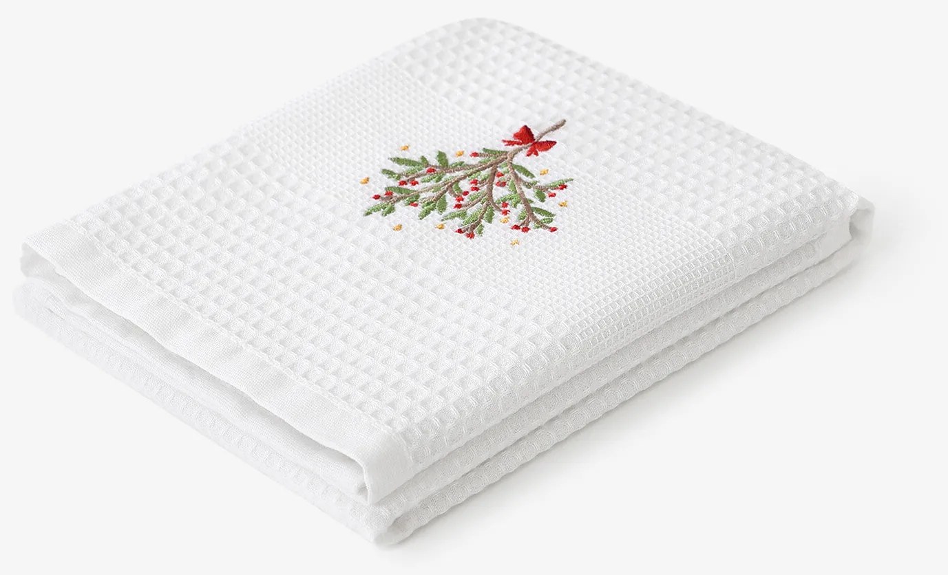 Goldea vianočná kuchynská vaflová utierka s výšivkou - imelo na bielom 50 x 70 cm