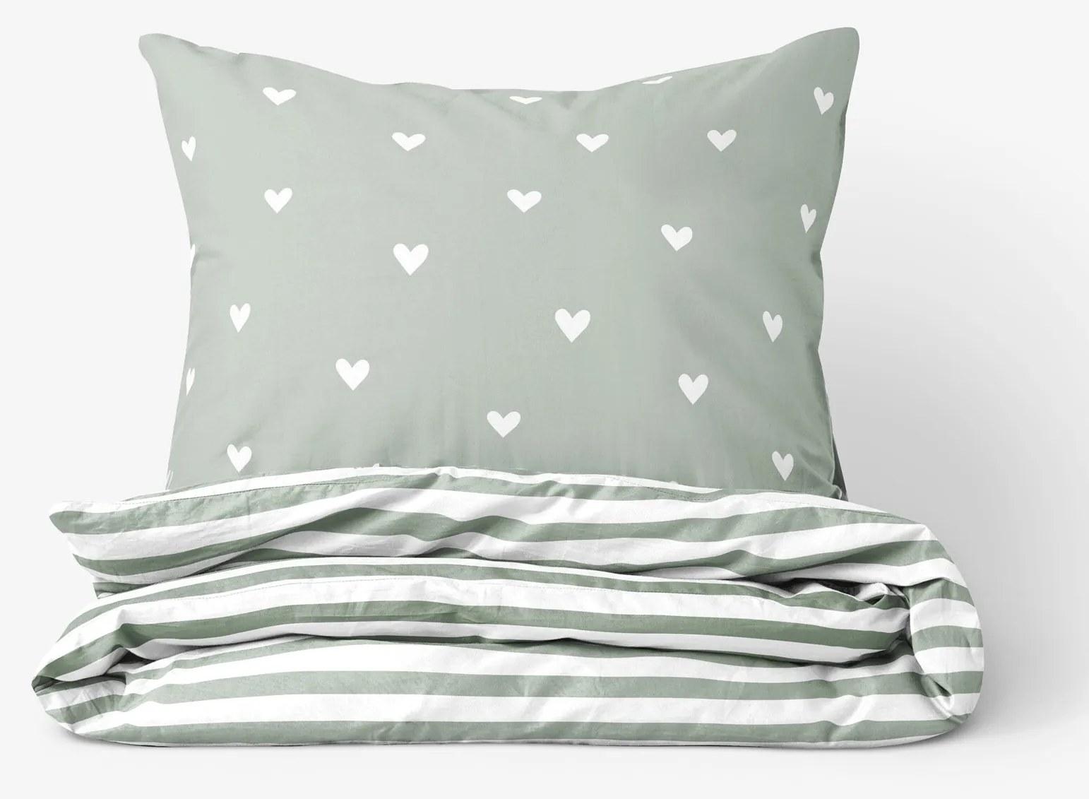 Goldea bavlnené posteľné obliečky - srdiečka na šalviovo zelenom s prúžky 140 x 200 a 70 x 90 cm